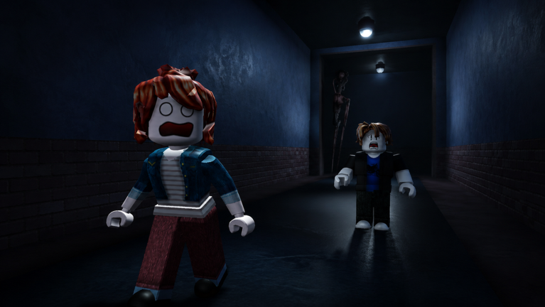 Two Innocent players running a dark brick hallway while The Locust waits in a doorway