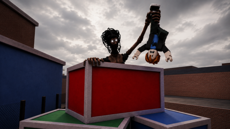 The Locust grabbing a Roblox player off the rooftop cubes in MM2 of The Locust